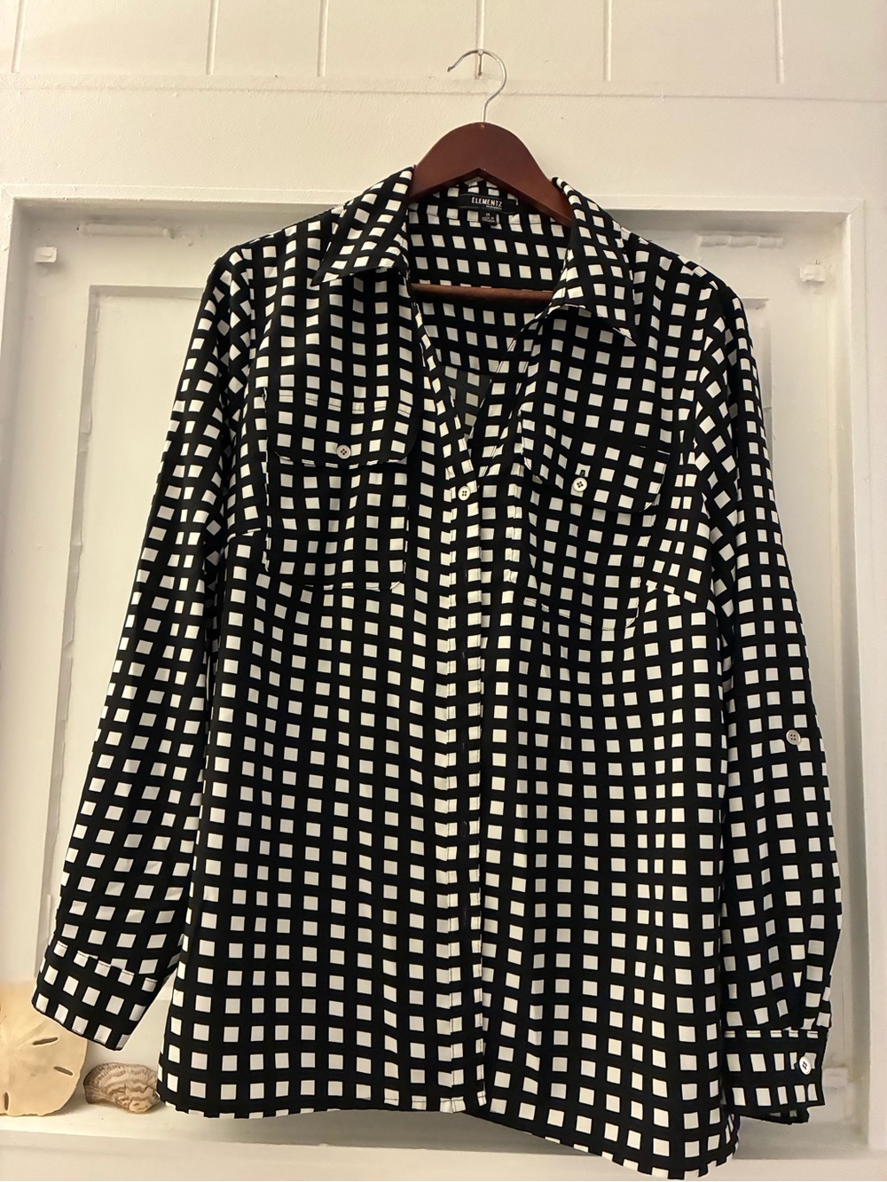 Elementz 1X Black & White Grid Button-Up Shirt - full long sleeve